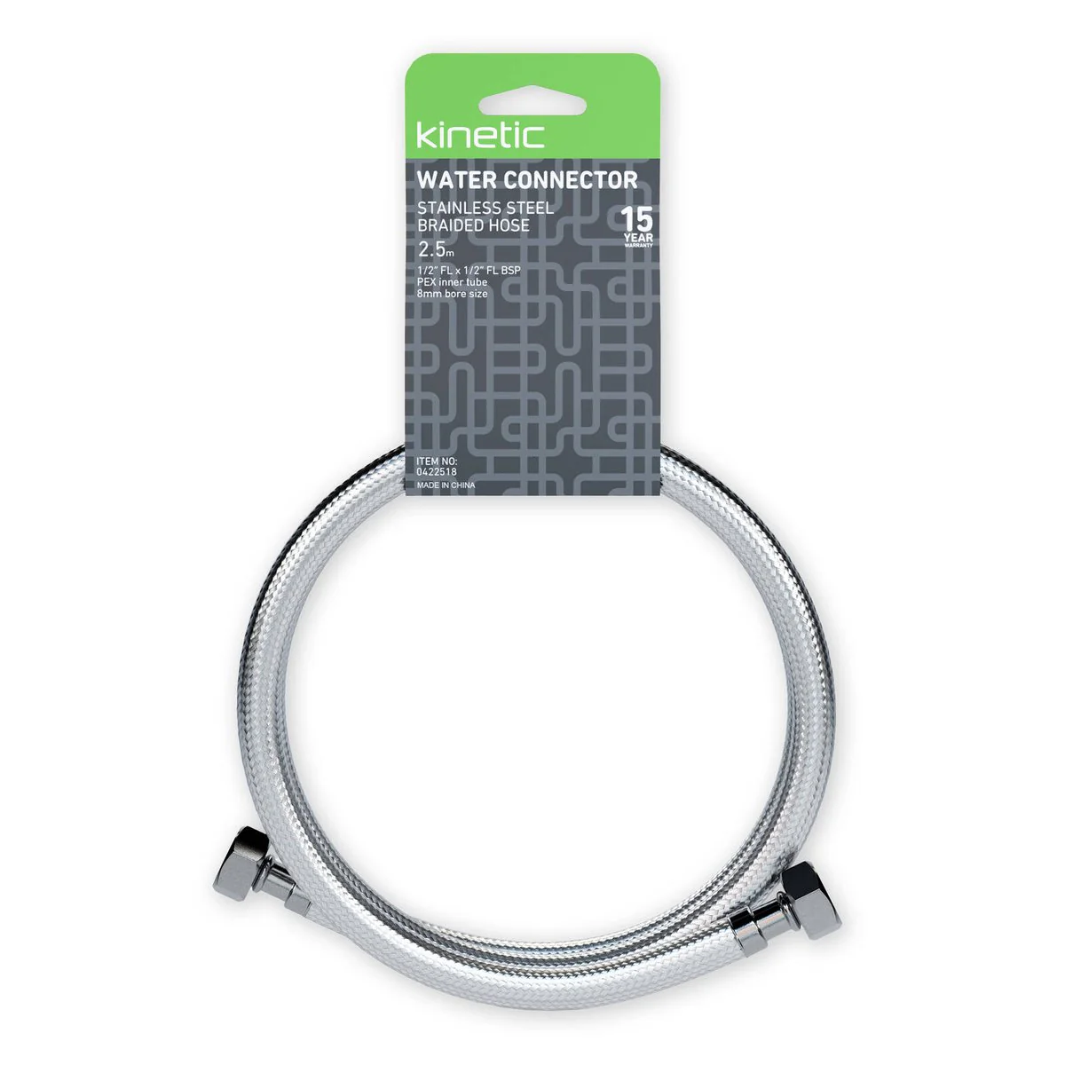 Kinetic Stainless Steel Flexible Braided Hose Water Connector 2500mm - 1/2" BSP - Corrosion Resistant - Image 2