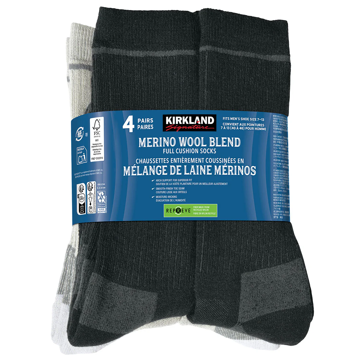 Kirkland Signature Wool Socks 4 Pack Men 7-13 Black/Charcoal & Natural/Grey - Image 4