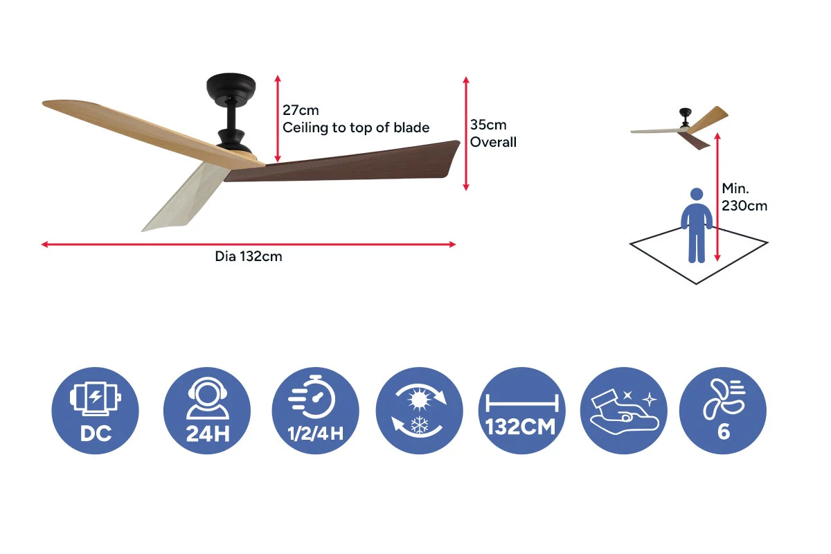 Kogan 132cm DC Motor Ceiling Fan with Remote Oak Walnut Beige - Image 7