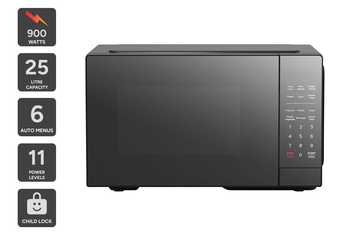 Kogan 25L Microwave with Mirror Finish Black 900W 6 Auto Menus