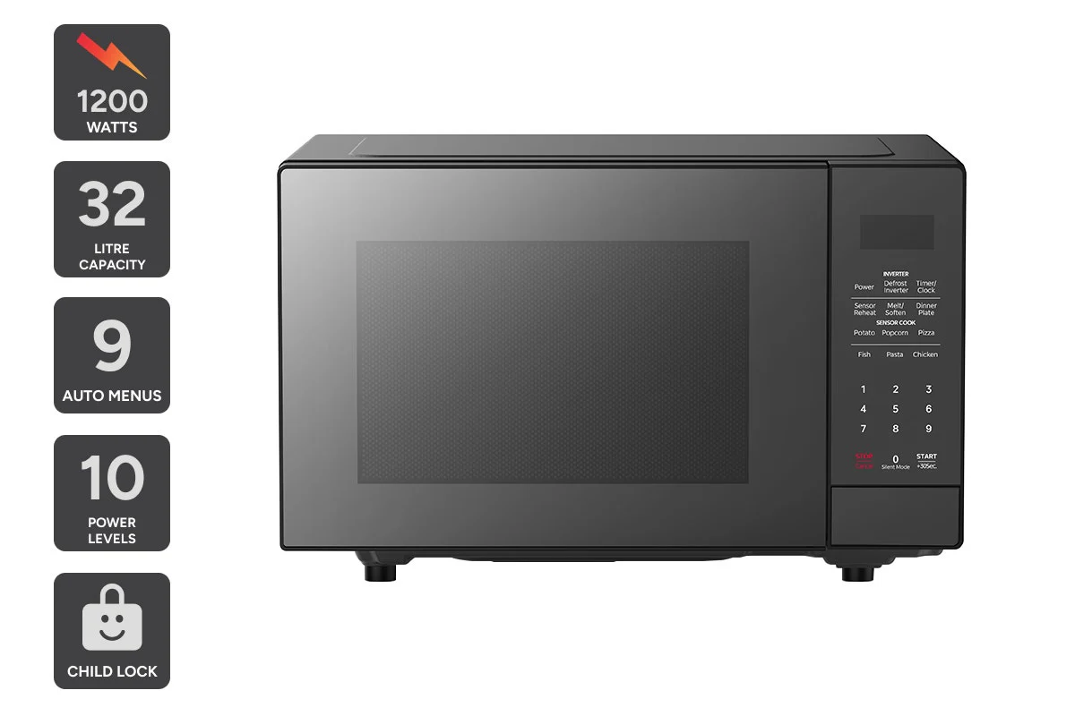 Kogan 32L Inverter Flatbed Microwave Mirror Finish Black 1200W