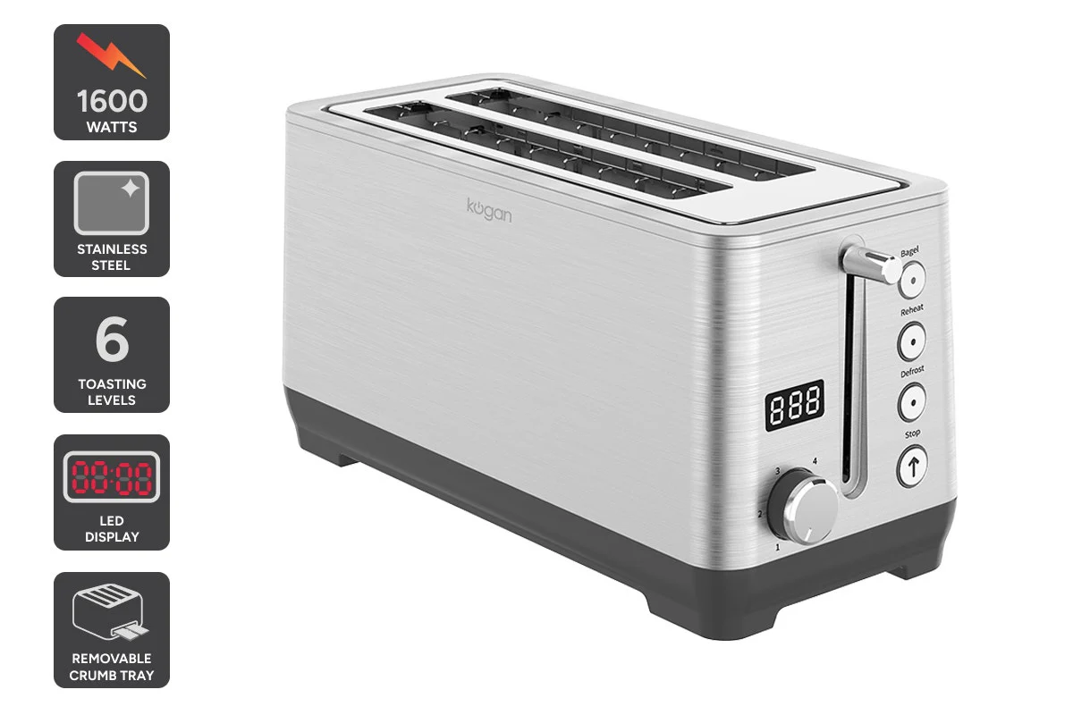 Kogan 4 Slice Long Slot Stainless Steel Toaster with Warming Rack