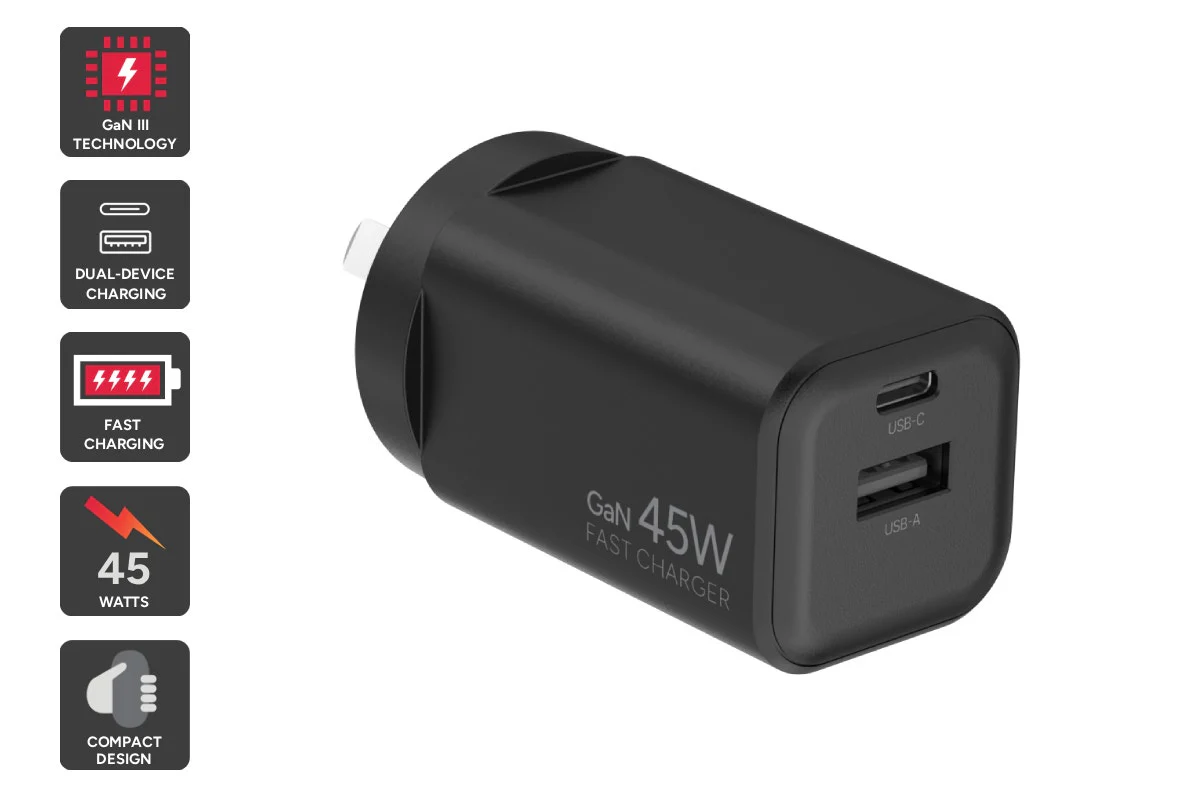 45W GaN Fast PD Charger with Dual USB-C & USB-A Ports
