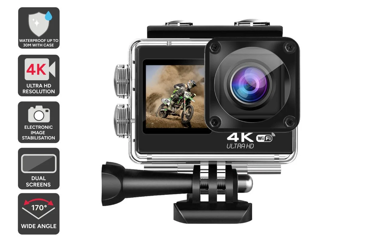 Kogan 4K Dual Screen Wi Fi Action Camera with Waterproof Case
