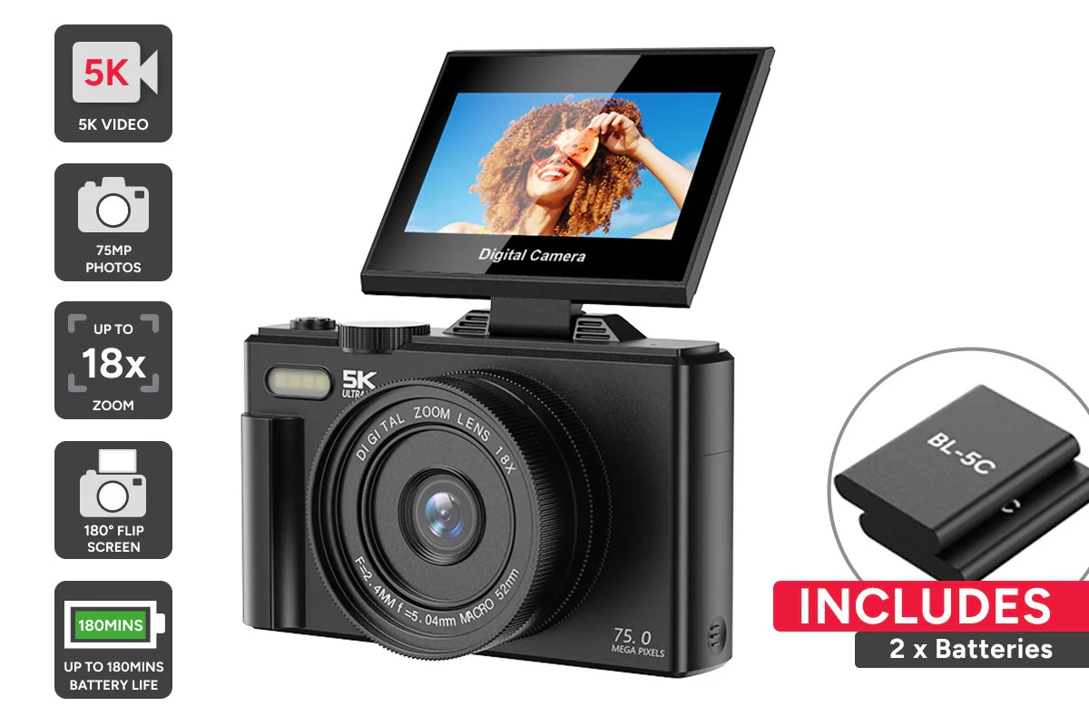 Kogan 5K 75MP Digital Vlogging Camera with Flip Screen & Dual Batteries
