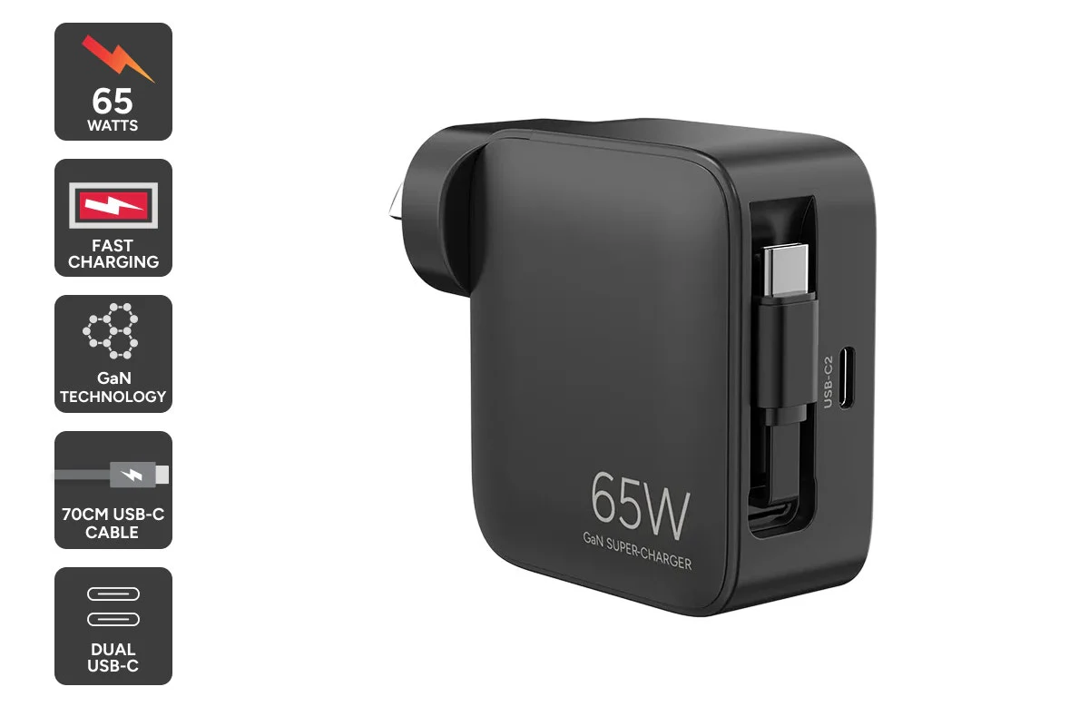 65W GaN Fast PD Wall Charger with Retractable USB-C Cable