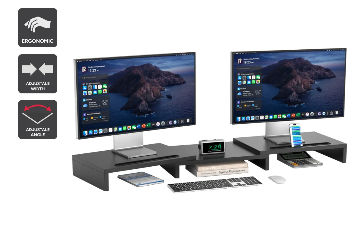 Kogan Dual Monitor & Laptop Stand - Adjustable 108cm, Black MDF
