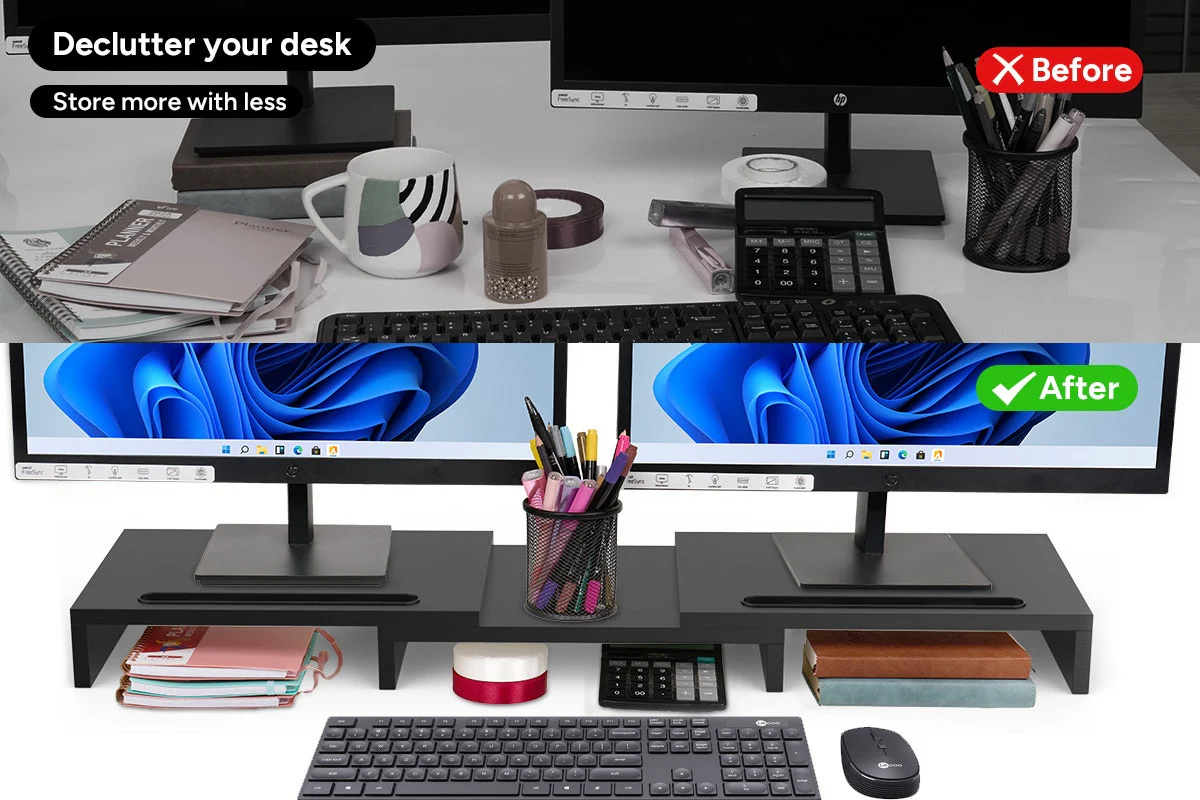 Kogan Dual Monitor & Laptop Stand - Adjustable 108cm, Black MDF - Image 7