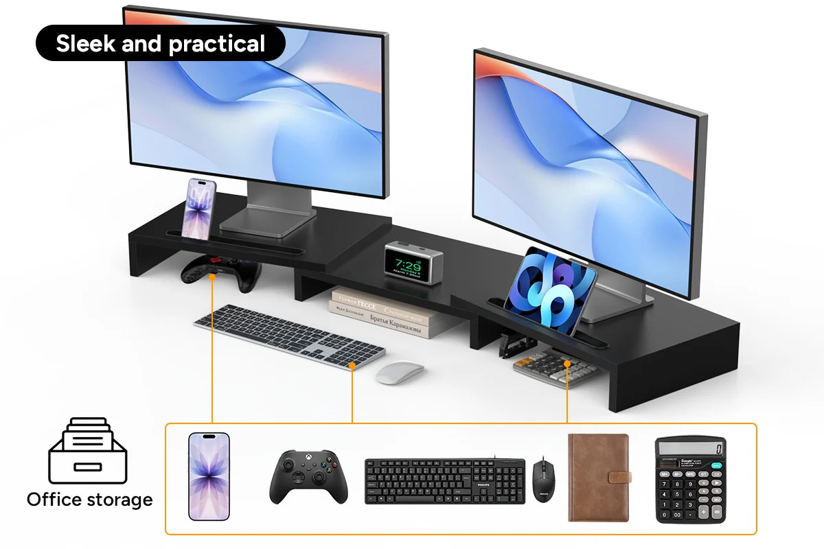 Kogan Dual Monitor & Laptop Stand - Adjustable 108cm, Black MDF - Image 8