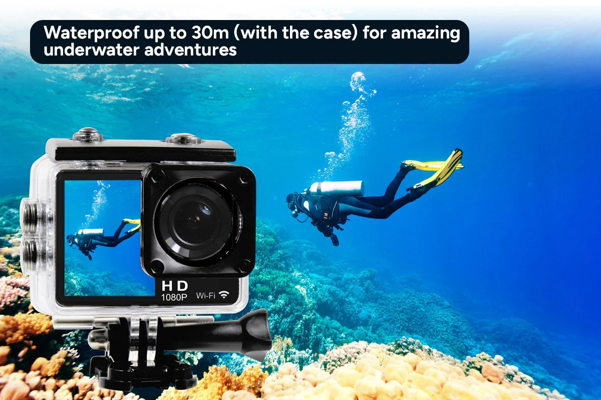 Kogan Dual Screen 1080P Wi Fi Action Camera with Waterproof Case - Image 4