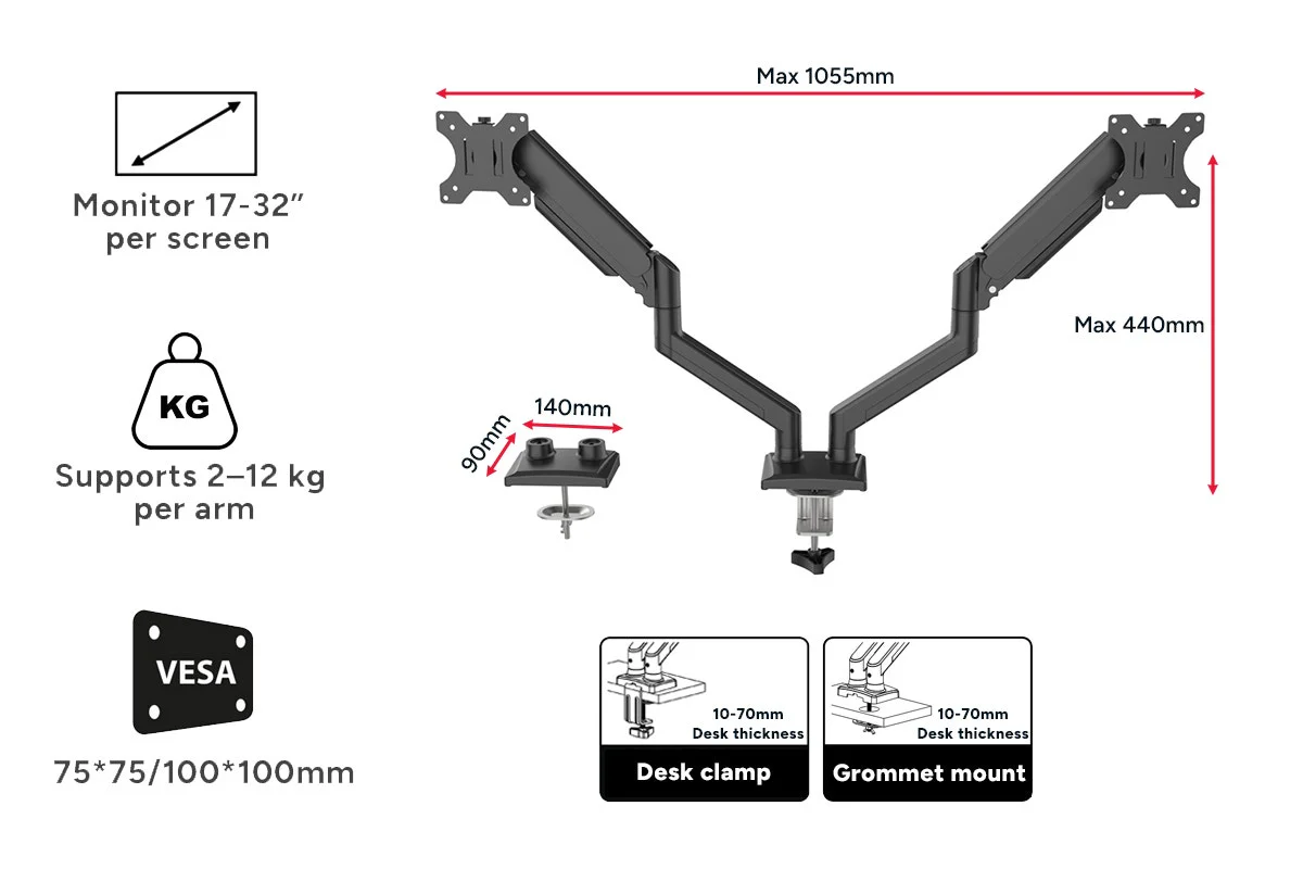 Kogan Full Motion Gas Spring Dual Monitor Arm 17 to 32 Inch - Image 12