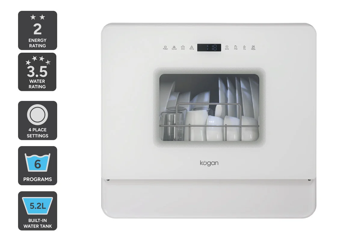 Kogan Portable Benchtop Dishwasher 4 Place White with Water Tank