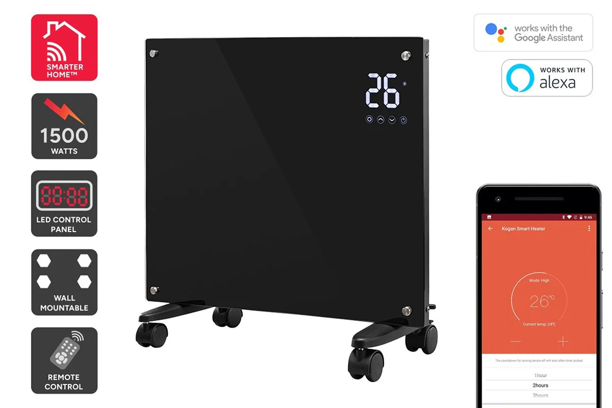 Kogan SmarterHome 1500W Premium Glass Panel Heater Black