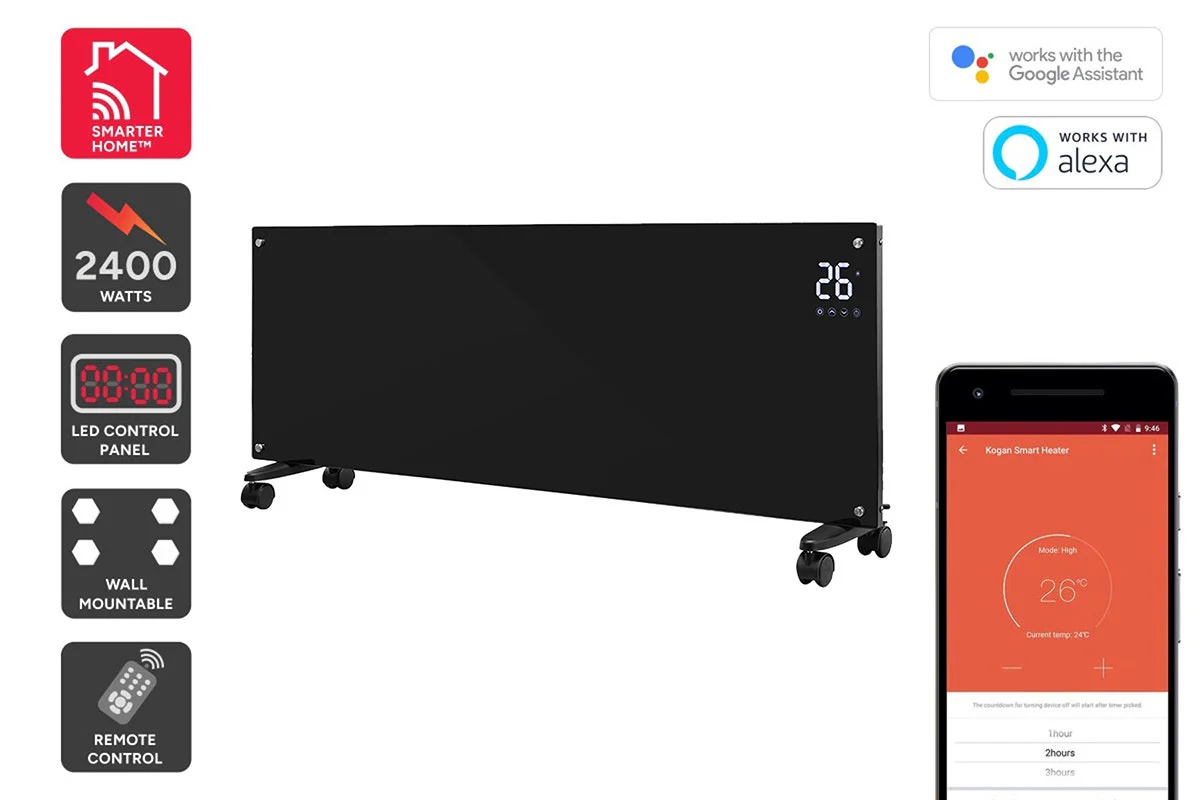 Kogan SmarterHome 2400W Premium Glass Panel Heater Black