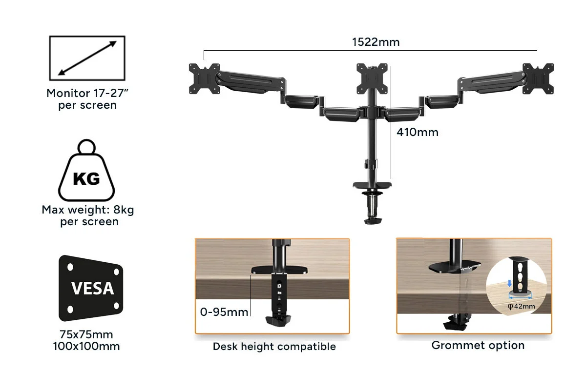 Kogan Triple Monitor Arm for 17"-27" Screens - Full Motion Gas Spring - Image 6