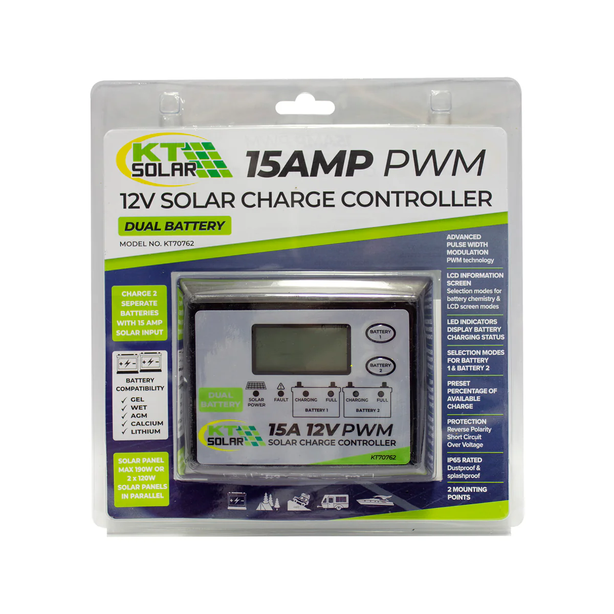 Kt Solar 15A 12V Solar Controller PWM KT70762 - Dual Battery Charging - LCD Display - Image 2