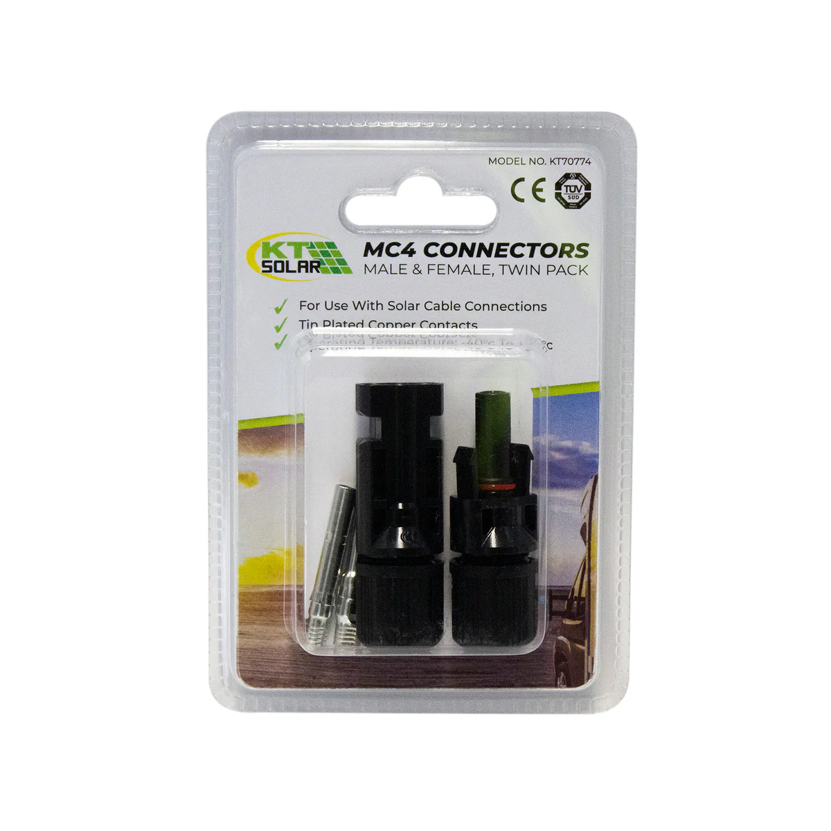 Kt Solar MC4 Connectors Twin Pack KT70774 - 1 Male & 1 Female - 12-48V - Black - Image 2