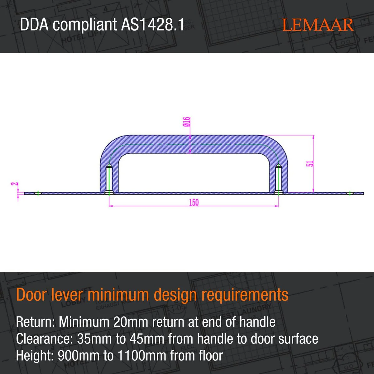 Lemaar D Pull - 150 x 16mm - 304 Stainless Steel - DDA Compliant - Image 2