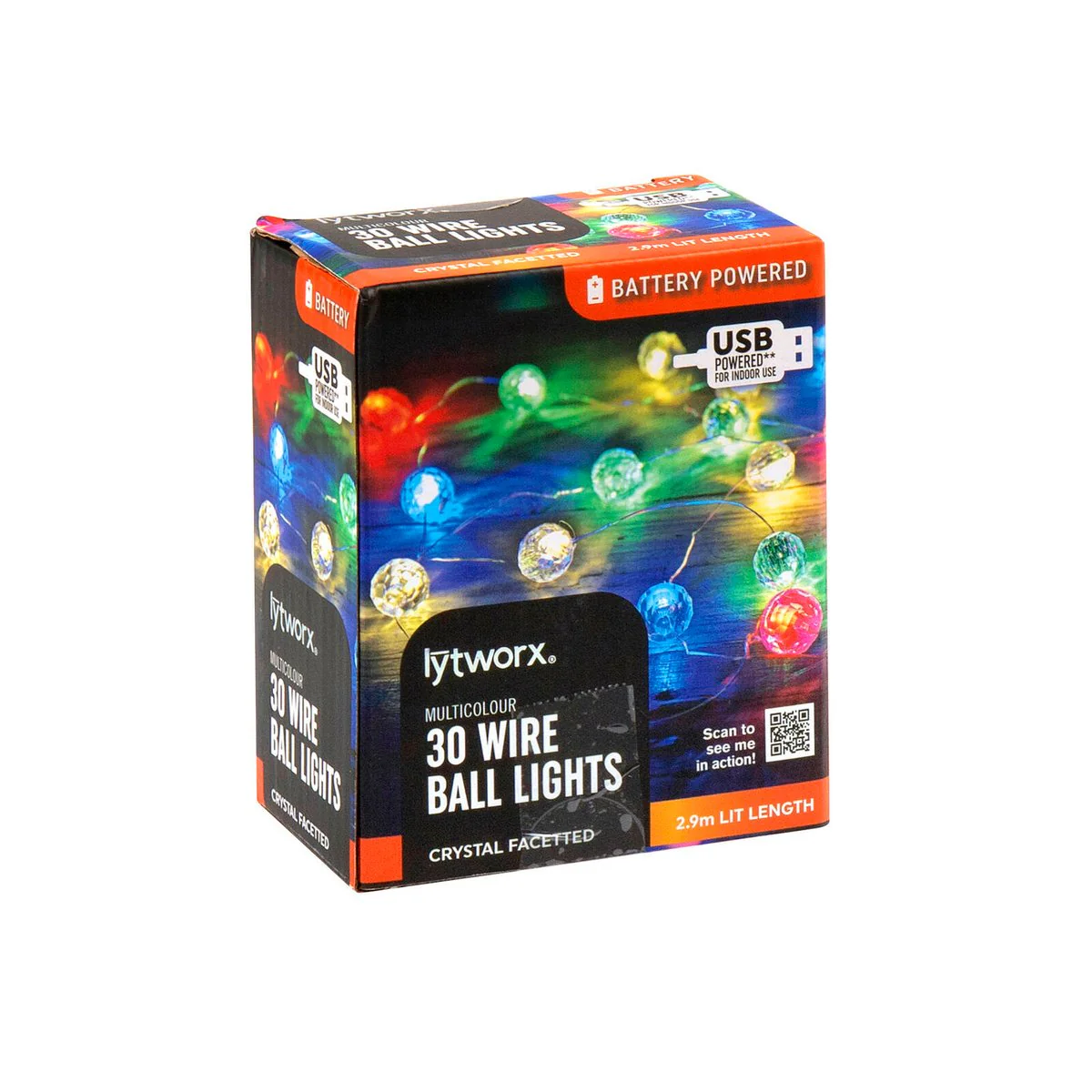 Lytworx 30 Multicolour Wire Ball Lights - 2.9m - Battery/USB Powered