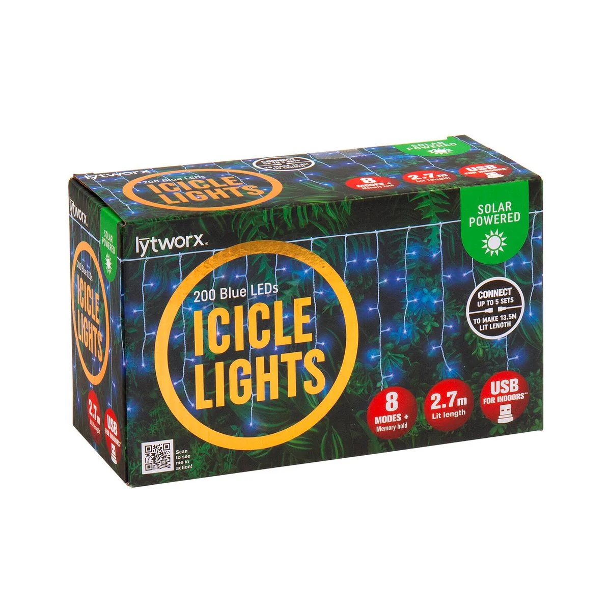Lytworx Blue Icicle Lights - 200 LEDs - 2.7m - Solar & USB Connectable