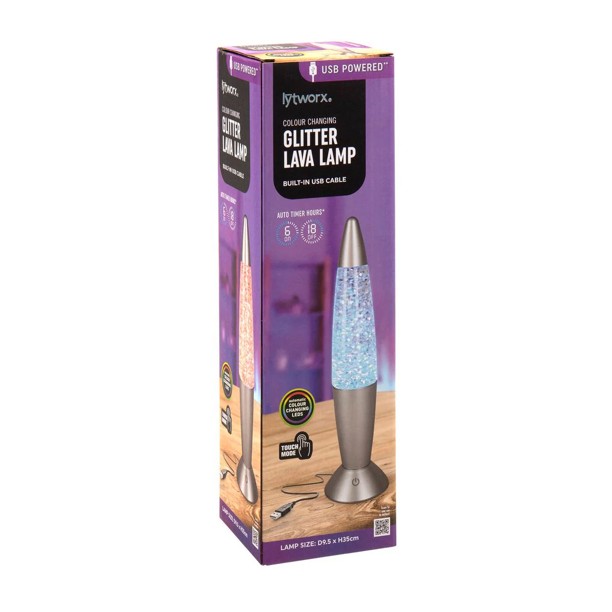 Lytworx Colour Changing Glitter Lava Lamp - USB Powered - 35cm - Multi-colour - Auto Timer