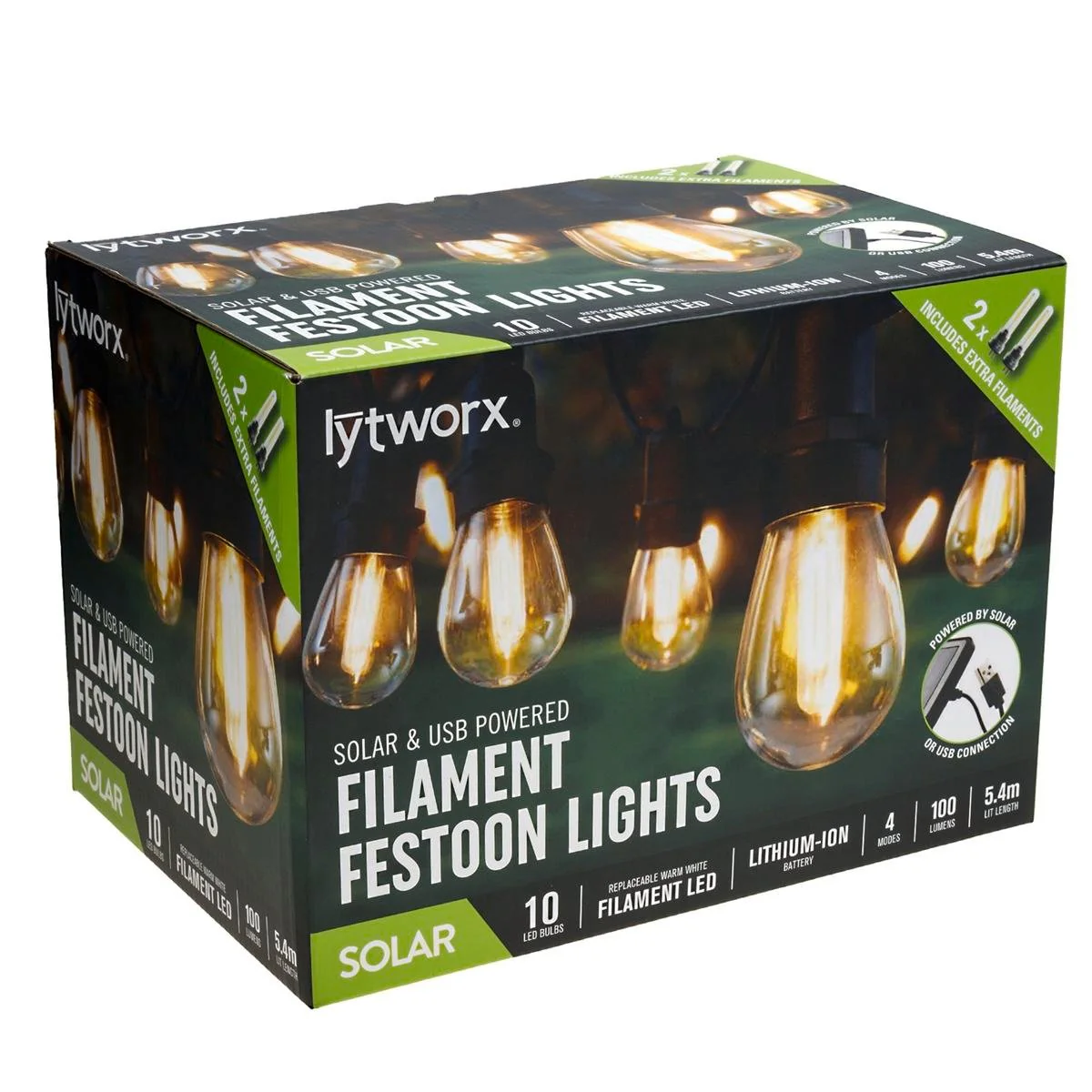 Lytworx Festoon Lights - 5.4m - Solar/USB - 10 LED Bulbs