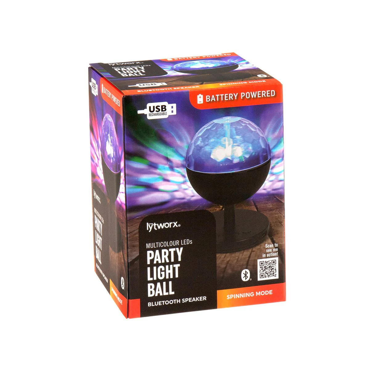 Lytworx Multicolour Party Light Ball - Battery Operated - USB Rechargeable - 100mm x 150mm x 100mm - Bluetooth Speaker - Indoor/Outdoor Use