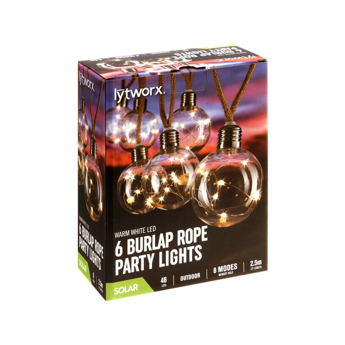 Lytworx Warm White Solar Burlap Rope Lights 6 Pack - 2.5m - 48 LEDs - Energy Efficient