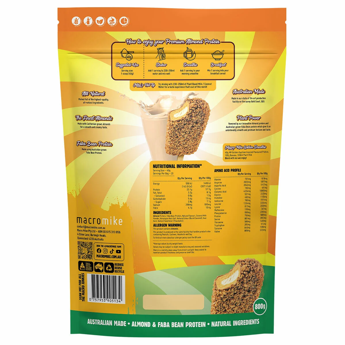 Macro Mike Golden Gaytime Almond Protein 800g Capacity Plant-Based - Image 2