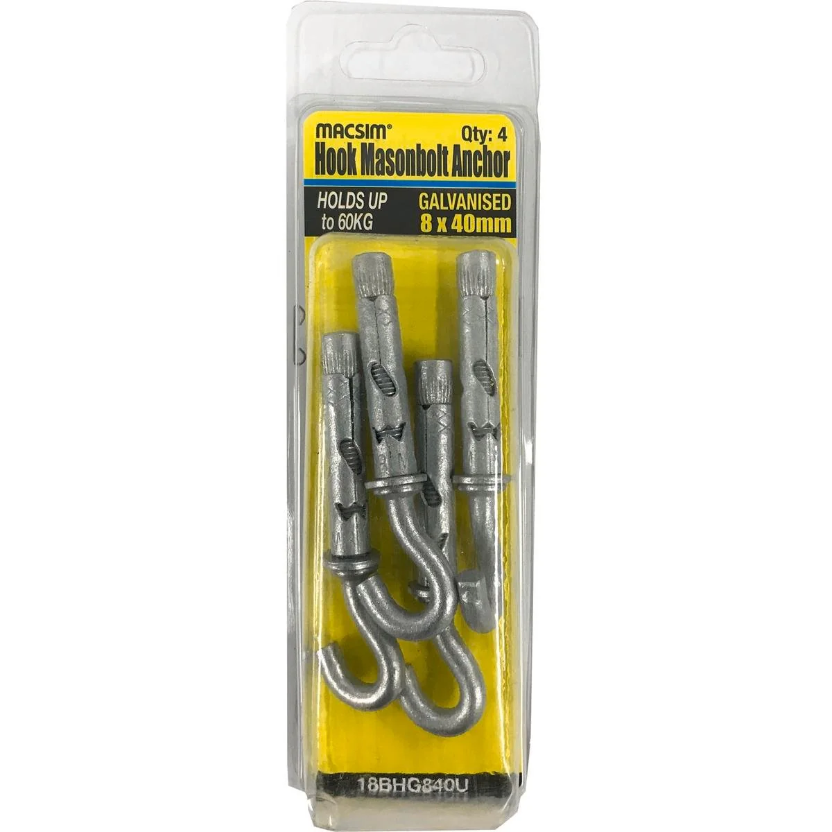 Macsim Masonbolt Hook - 8 x 40mm - 5.8 Grade Steel - Galvanised - 4 Pack