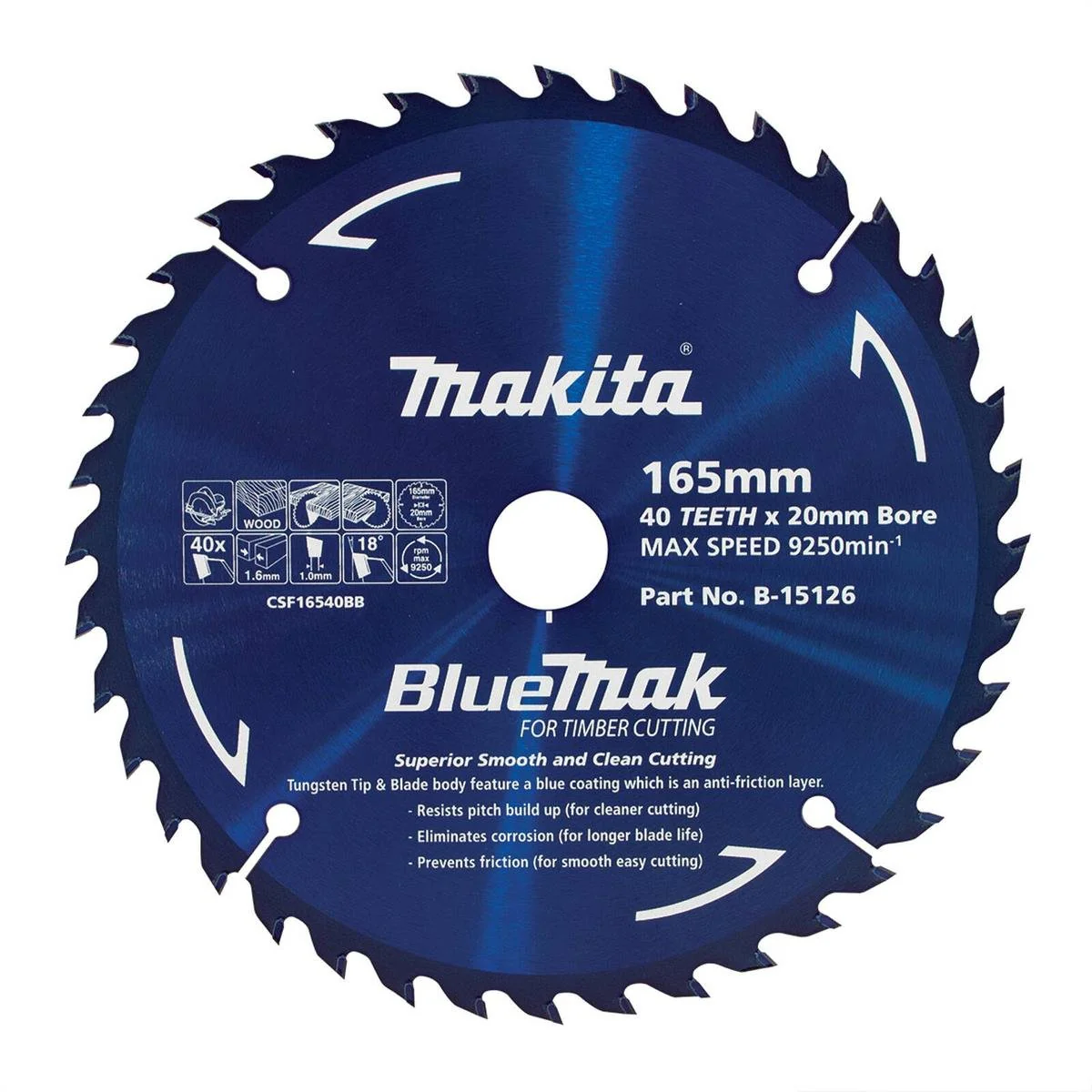 Makita 165mm 40t Bluemark Circ Saw Blade B 15126 - Tungsten Carbide - Precision Cutting
