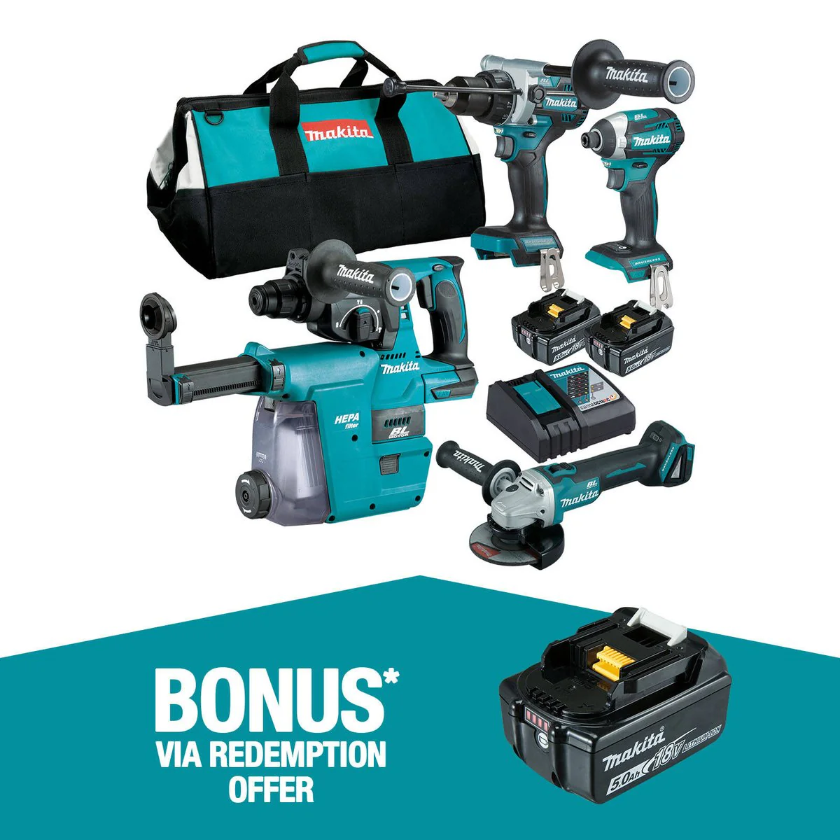 Makita Brushless 4 Piece Combo Kit DLX4148TX1 - 18V - Includes 2 Batteries - Fast Charger - Tote Bag