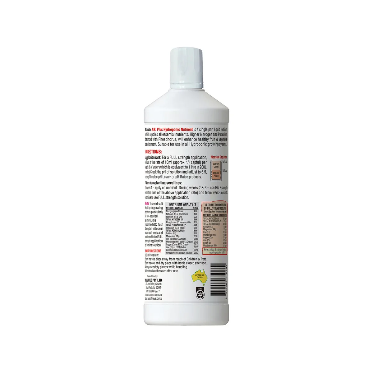 Manutec Hydroponic Fertiliser - 1L - Liquid - High Nitrogen & Potassium - Image 2