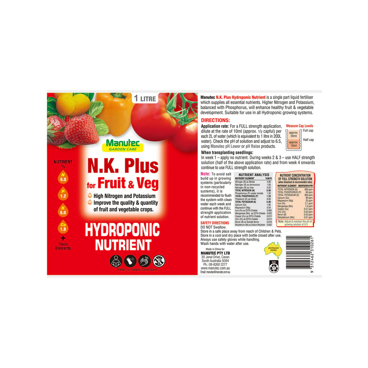 Manutec Hydroponic Fertiliser - 1L - Liquid - High Nitrogen & Potassium - Image 3
