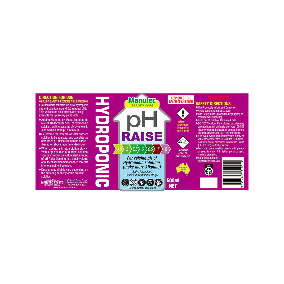 Manutec Hydroponic pH Raise - 600ml - Alkaline - Increase pH - Image 3