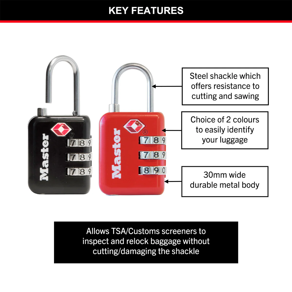 Master Lock Luggage Padlock - 30mm - Metal - TSA-Accepted - Image 2
