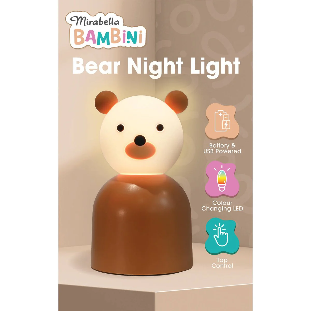 Mirabella Bear Night Light - 90mm x 150mm - Dual Powered - Colour Changing - Image 3