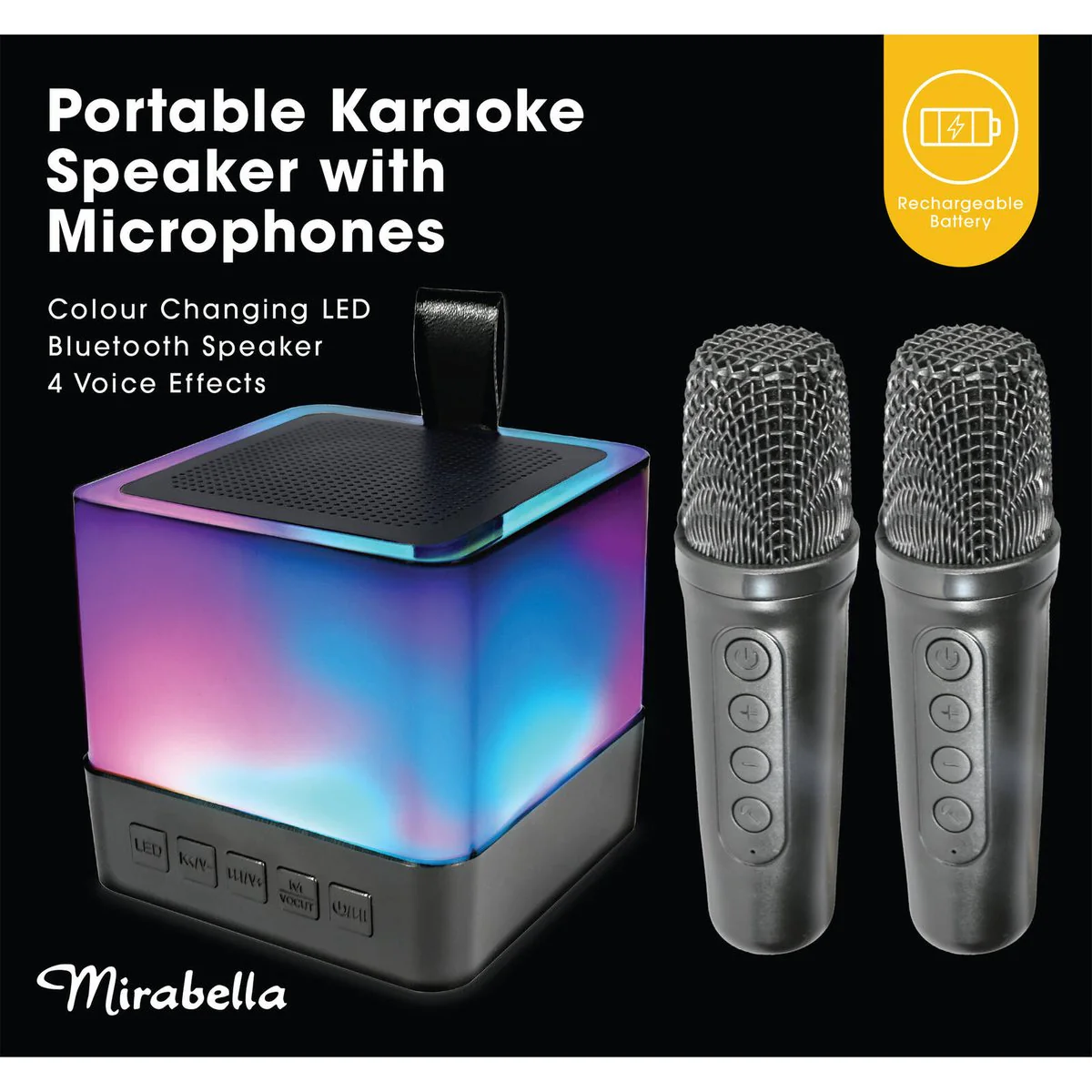 Mirabella Portable Karaoke Speaker with Microphones - 2 Wireless Mics - 110mm x 140mm x 96mm - Rechargeable Battery - Bluetooth - Image 2