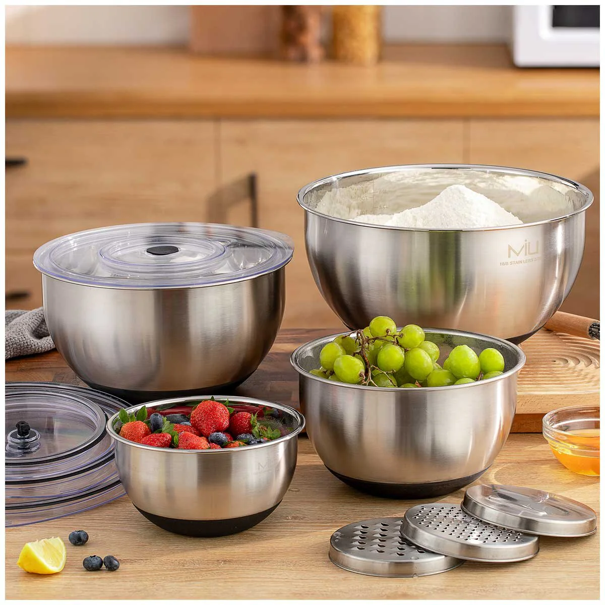MIU Mixing Bowl Set With Graters 4-Piece Stainless Steel, Airtight Lids - Image 3