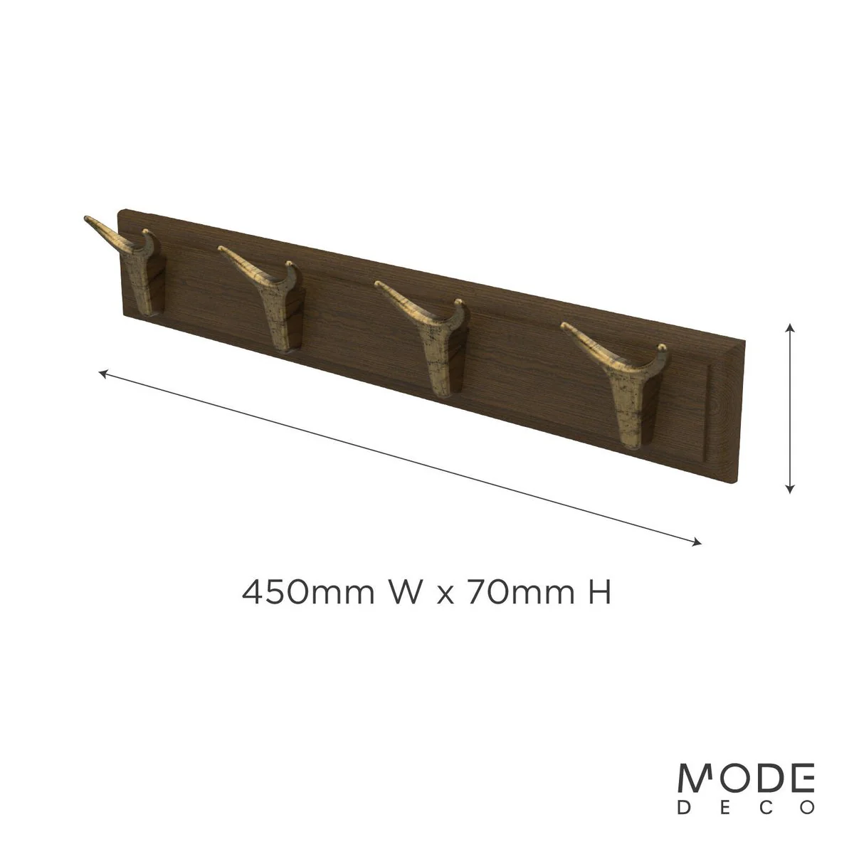 Mode 4 Brass Cow Hooks on Oak Board Hook Rack - 450mm - Decorative Storage - Image 3