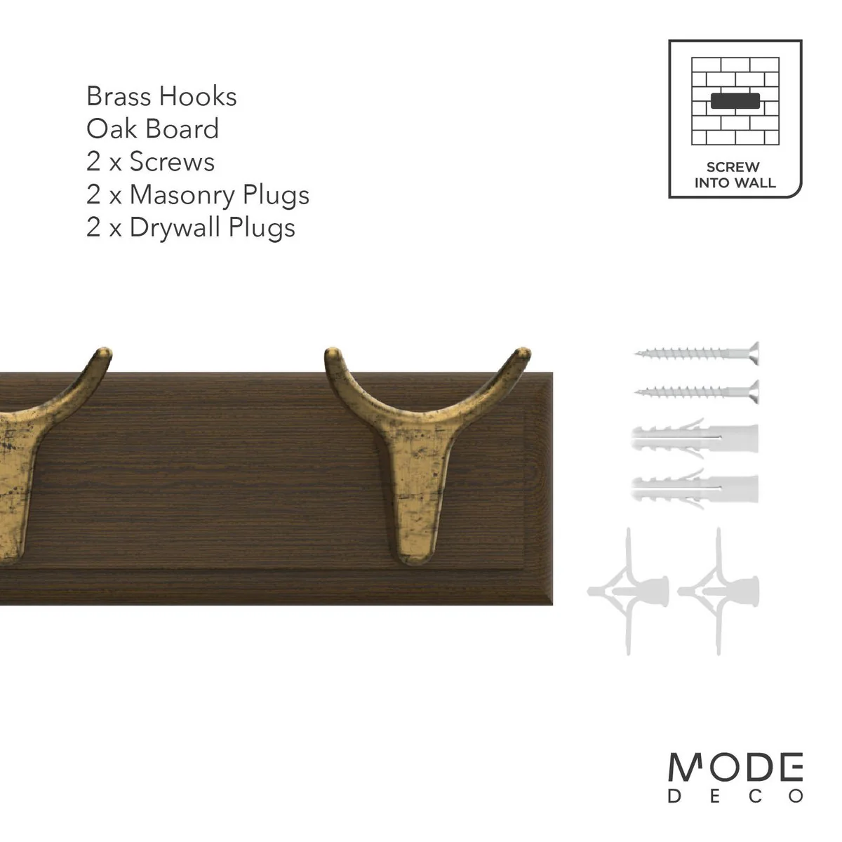 Mode 4 Brass Cow Hooks on Oak Board Hook Rack - 450mm - Decorative Storage - Image 4