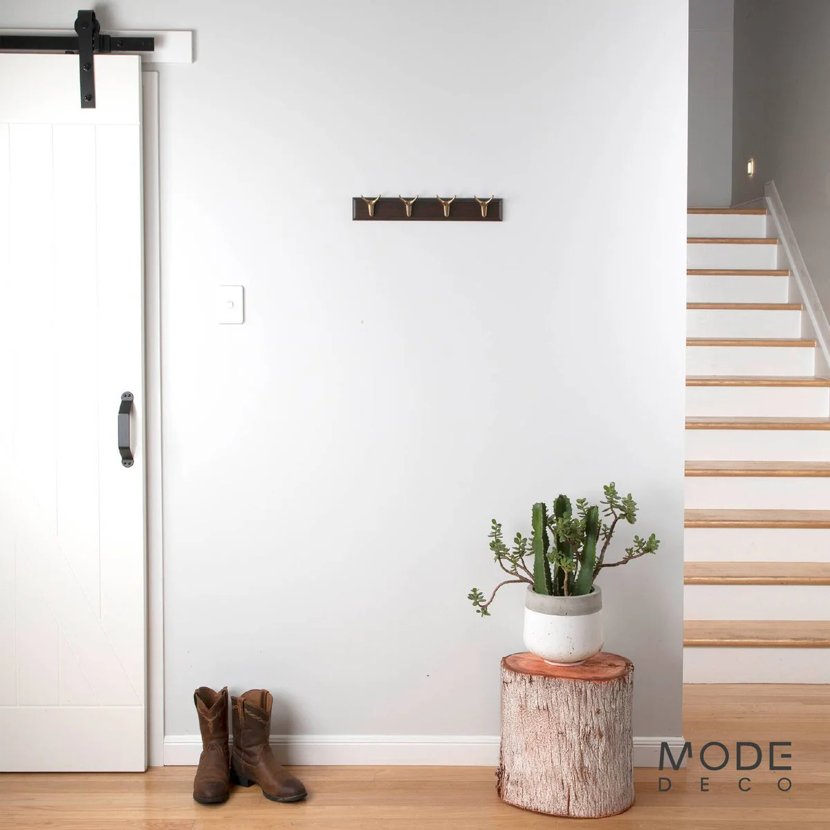 Mode 4 Brass Cow Hooks on Oak Board Hook Rack - 450mm - Decorative Storage - Image 5