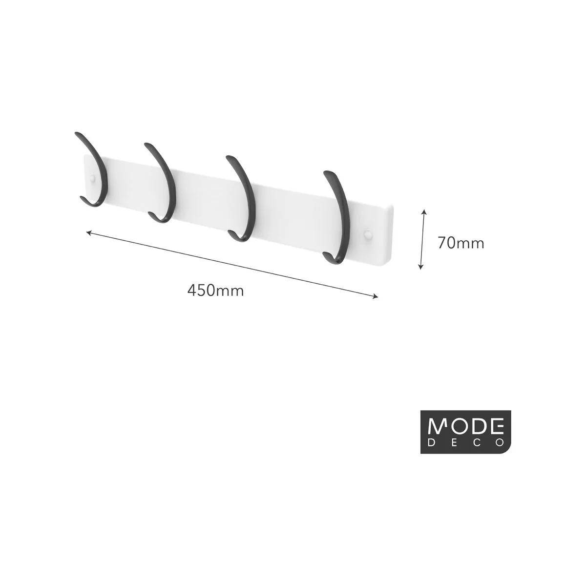 Mode 4 Hat Coat Rack - 450mm - White Board - 4 Black Hooks - Image 3
