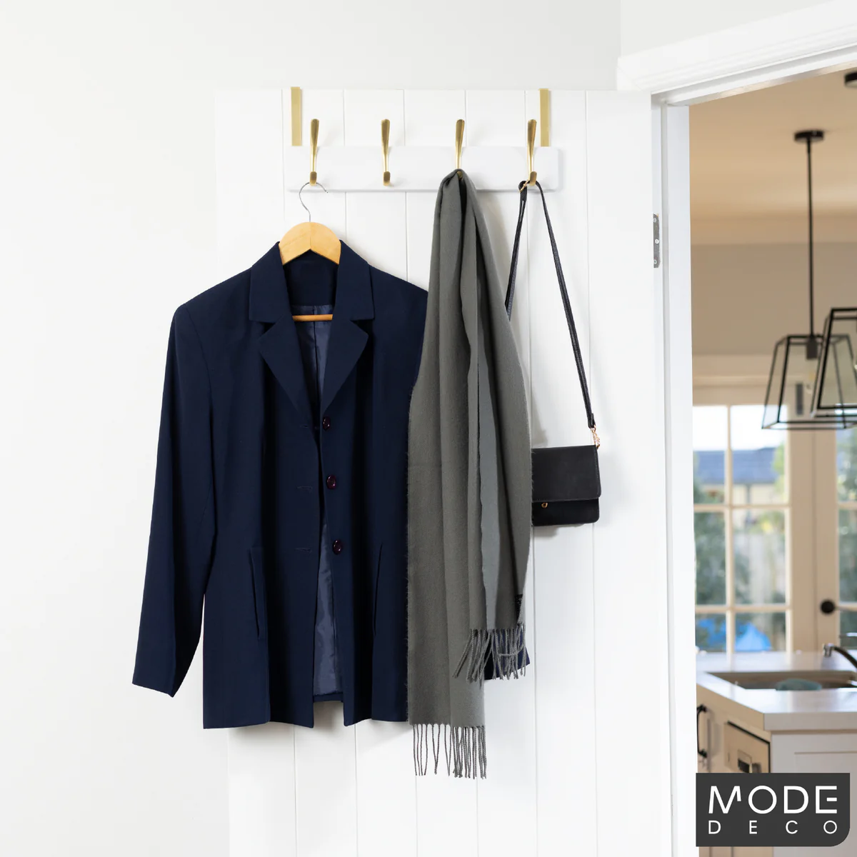 Mode 4 Over Door Hanger - 4 Brushed Brass Hooks - 450mm x 70mm - White Board - Image 2
