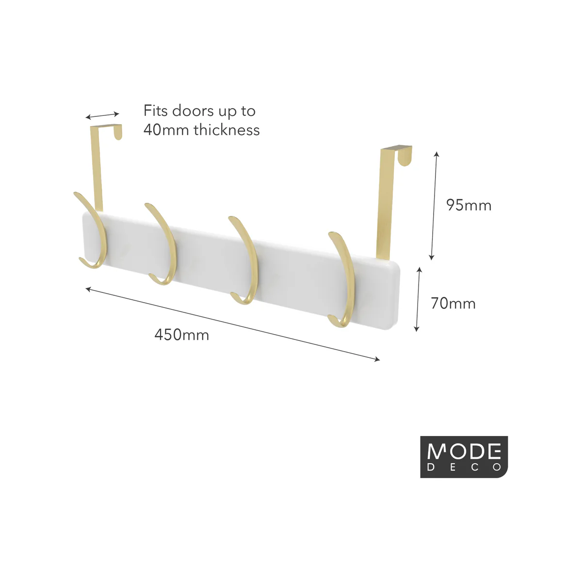 Mode 4 Over Door Hanger - 4 Brushed Brass Hooks - 450mm x 70mm - White Board - Image 3