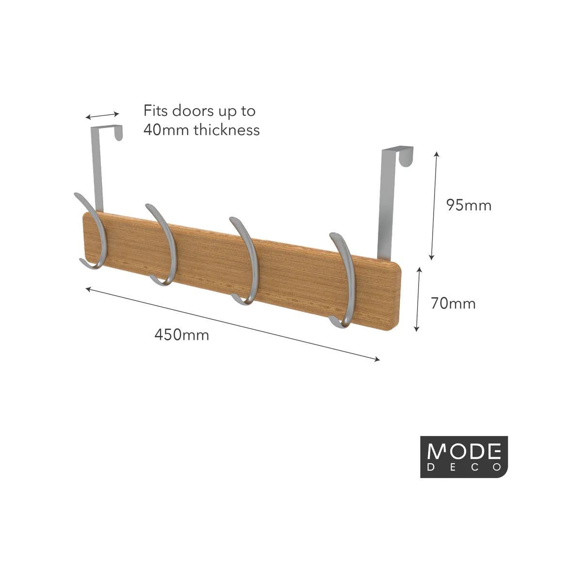 Mode 4 Over Door Hanger - Bamboo Board with 4 Chrome Hooks - 450mm x 70mm - Image 3