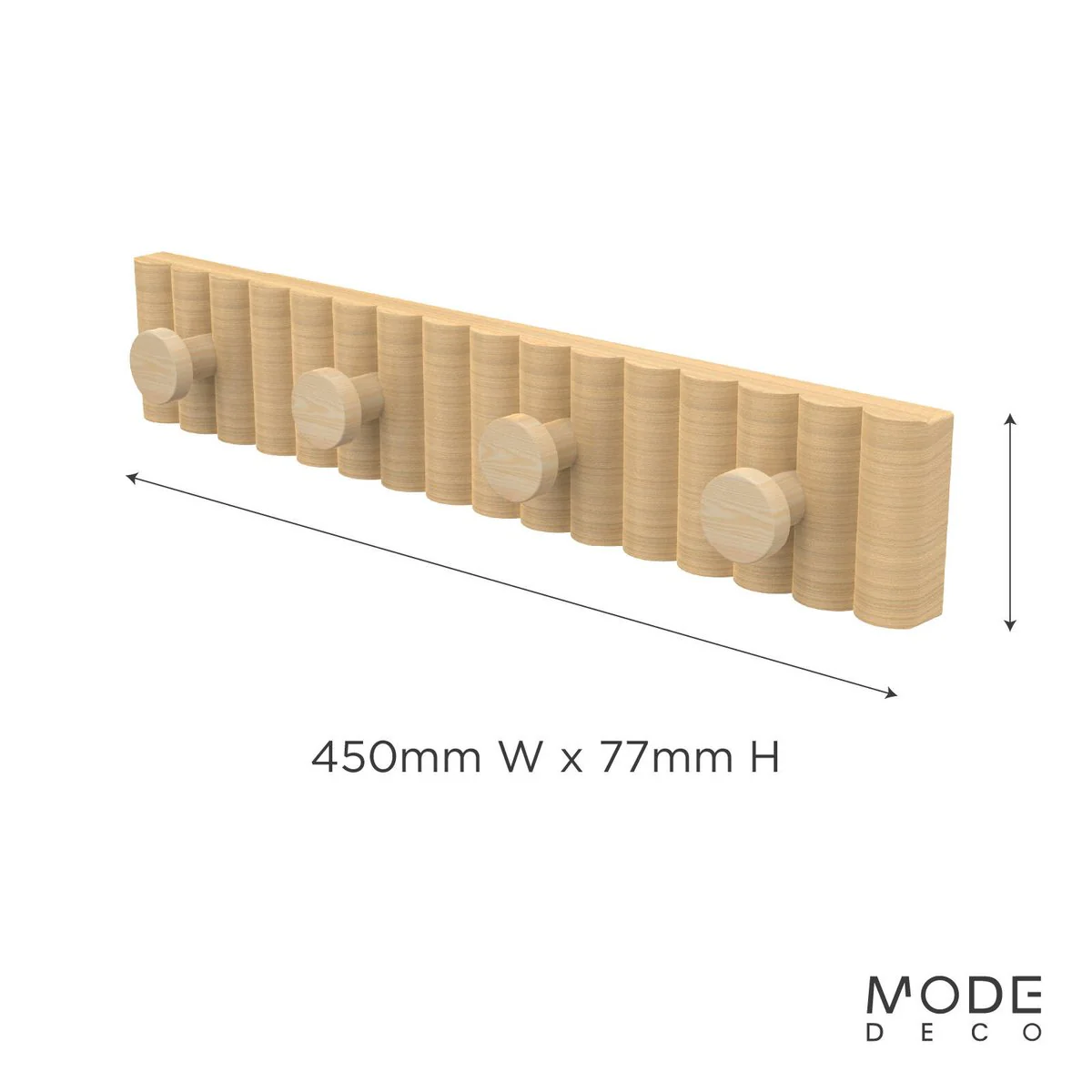 Mode 4 Timber Hooks on Timber Board Hook Rack - 4 Hooks - 450mm x 77mm - Image 3