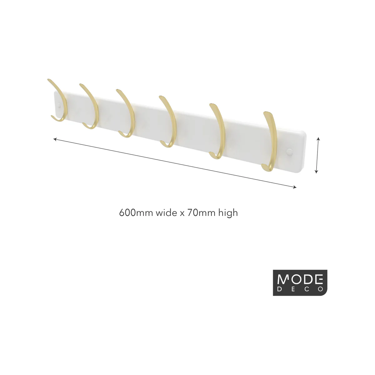 Mode 6 Hat and Coat Rack - 4 Hooks - 450mm x 70mm - Brushed Brass on White Board - Image 3