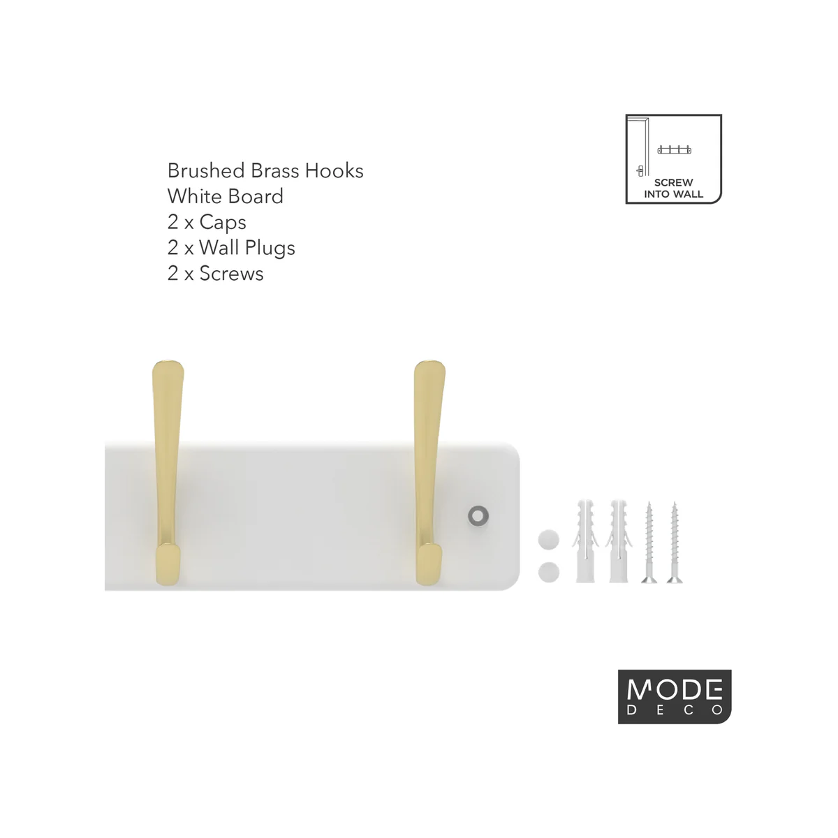 Mode 6 Hat and Coat Rack - 4 Hooks - 450mm x 70mm - Brushed Brass on White Board - Image 4