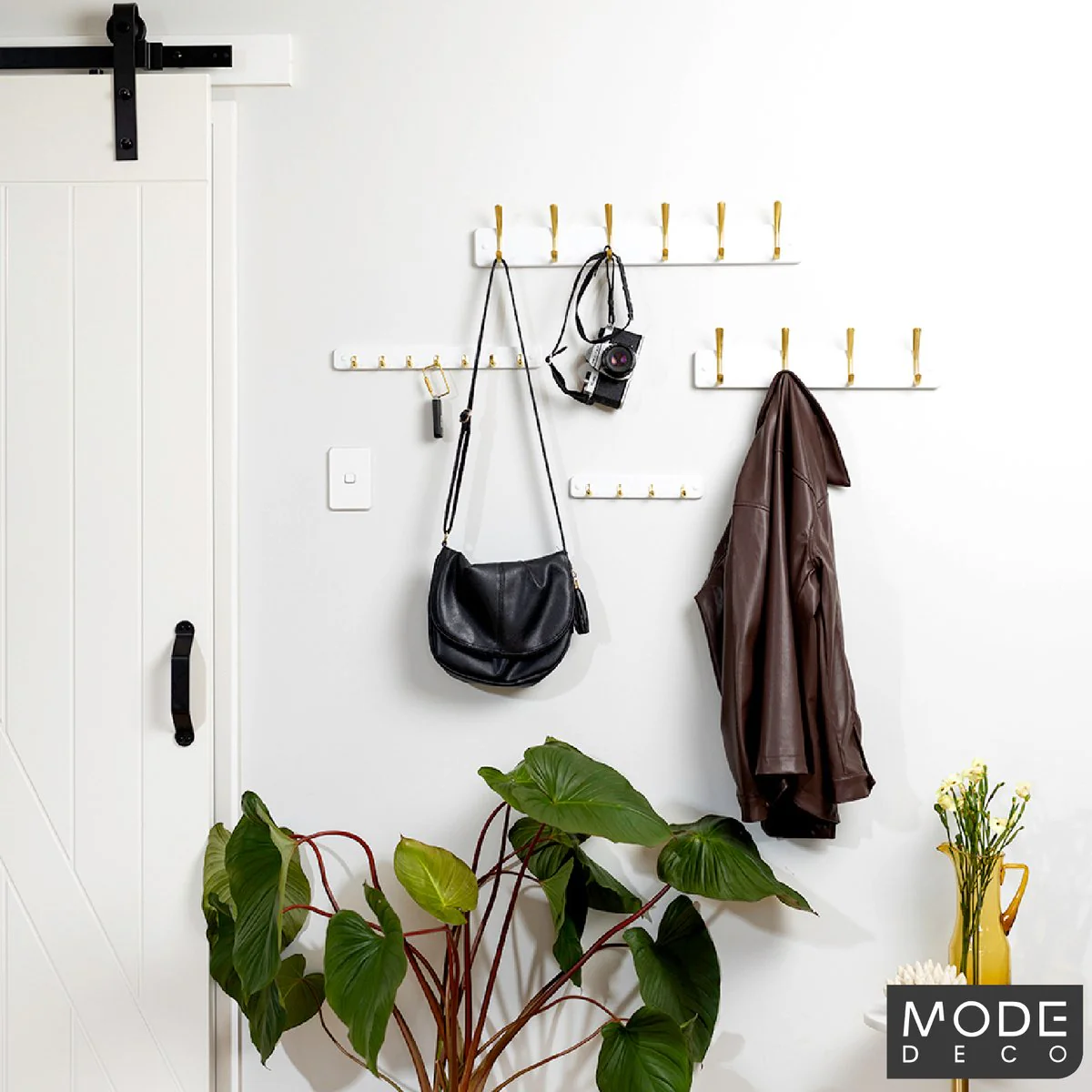 Mode 7 Key Rack - 7 Hooks - 385mm x 40mm x 32mm - Brushed Brass on White - Image 2